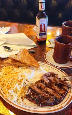 2/27/23 6 oz ribeye medium rare. Just a splash of A1 2 eggs O/M hash browns light white toast Cawfee Excellent today