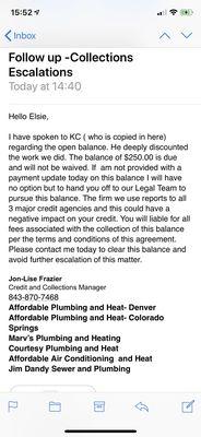 Never received a paper bill, just 1 email regarding balance I believed had been waved by KC.