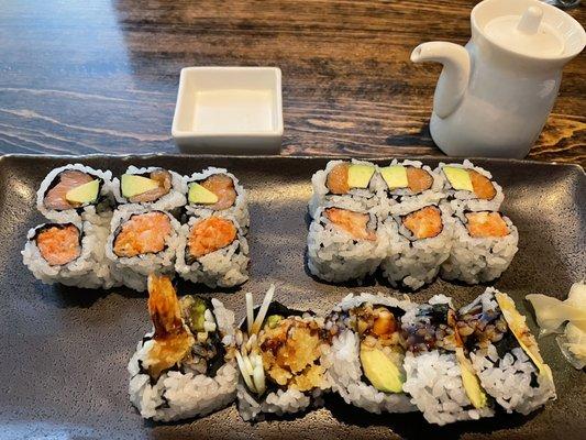 3 maki roll lunch special $14.50 - Salmon Avocado Roll, spicy white tuna roll, shrimp tempura roll