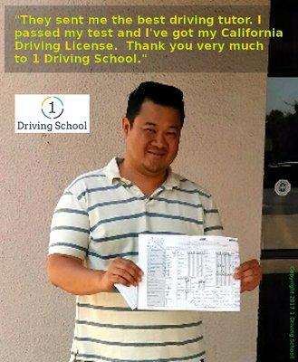 "They sent me the best driving tutor. I've passed my test and I've got my California Driving License. Thank You very much 1 Driving School."