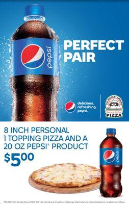 Personal pizza and a pop $5. Great for lunch