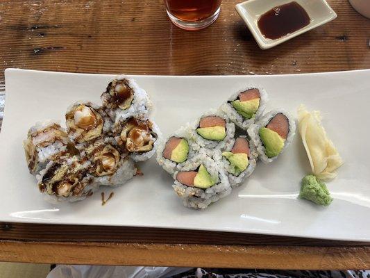 Crunchy shrimp roll and smoked salmon and avocado roll