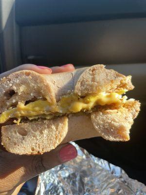 bagel sandwich with egg cheese and scrapple