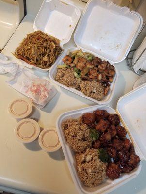 Chicken Lomein (Small), Hibachi Chicken & Shrimp, and Combination Plate: General Tso's Chicken. (Top to bottom)