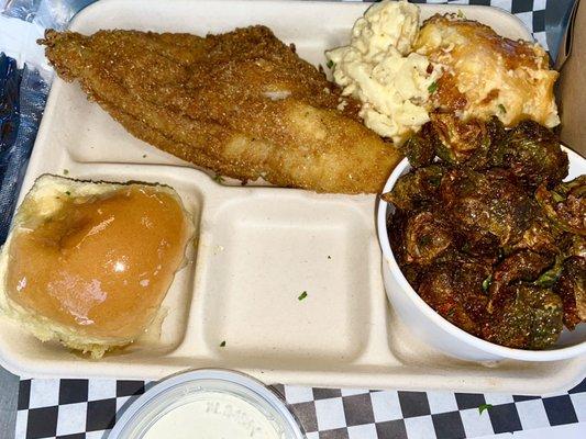 Fried catfish, Brussels sprouts, honey butter roll