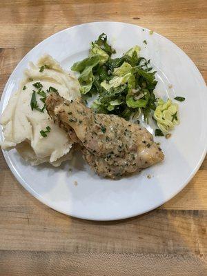 Mustard grain chicken with brown butter potatoes, and salad.