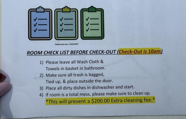 Cleaning check list for next guest in order to save $200 penalty.