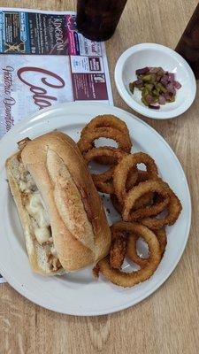 Chicken Philly with onion rings