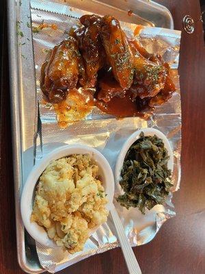 BBQ wings, Mac n cheese and collard greens