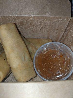 Crispy spring rolls. Veggies and vermicelli noodles. They were crispier an hour ago. Don't judge by the picture