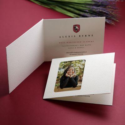 Wallet photo insert cards are popular as graduation invitations. 6 classic colors, available blank or personalized.