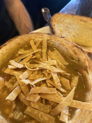 Chicken Tortilla Soup in a bread bowl