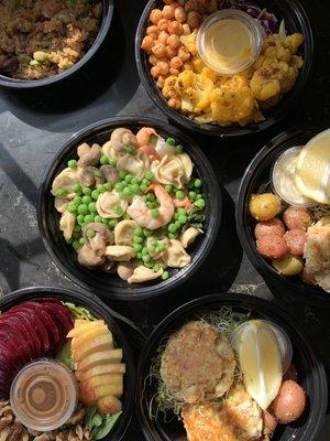 This week's meal prep featuring a cheese tortellini in a brown butter sage sautée of English peas, button mushrooms and shrimp.