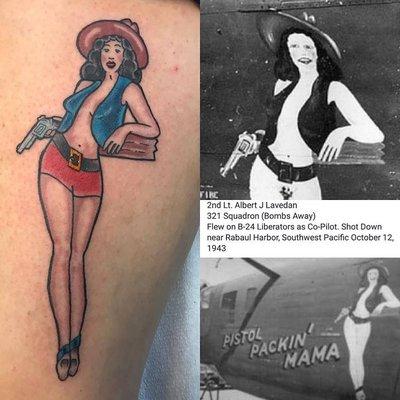 The pinup girl from the nose of my Great Uncle's b-24 bomber, done on the 75th anniversary of him being shot down over the Pacific in WWII.