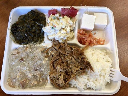 Squid luau, ahi pokē, potato mac salad, haupia, lomi salmon, chicken long rice, kalua pork, rice - VN