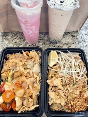 Drunken noodles & pad thai. Chicken for both. Dragonfruit storm & black dragon milk tea