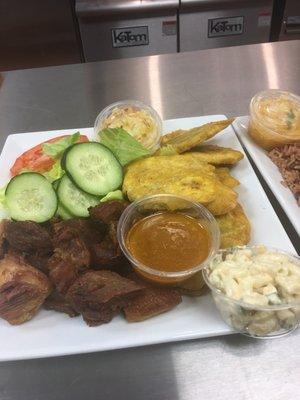 Fried pork,fried plantains with macaroni salad