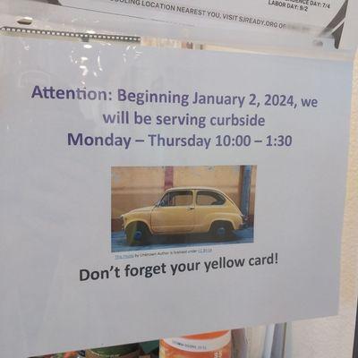 As of 7/1/24, it's a Blue Card. Get in the car line by 1pm at the latest if possible. They sometimes close the car line early if it's long.