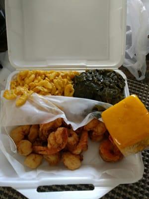 Shrimp, scallops, Mac and cheese, greens, cornbread