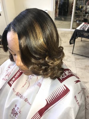 Natural hair silk press with highlights