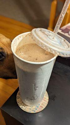 Chocolate malted milkshake (less a few sips) faces canine interest...