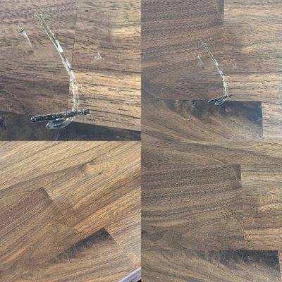 Before and After - deep gouge in walnut desk top