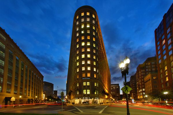 The Saunders Building at twilight.