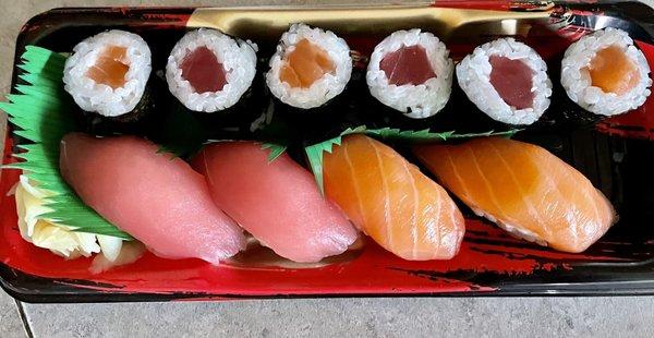 Tuna sushi on the lower left, salmon lower right.