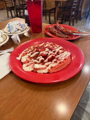 Red Velvet Waffle and a side of bacon