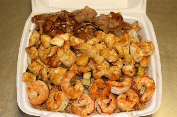 Trio(Chicken, Steak, Shrimp) Hibachi meal.