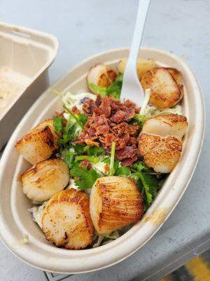 Scallops over coleslaw at Alaskan Weathervane seafood truck