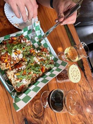 An inauthentic Detroit style Vegan pizza, extra inauthentic.  On the right is the 11.7 ABV stout beer.