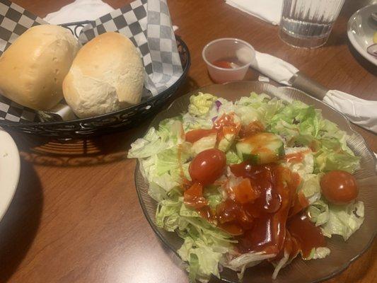 Side Salad with French Dressing and Warm Bread and side of butter