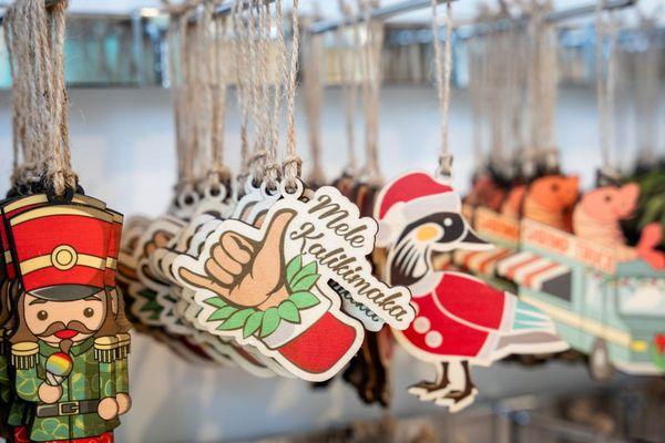 Hawaii-inspired Christmas ornaments. Made in Hawaii, made with aloha.