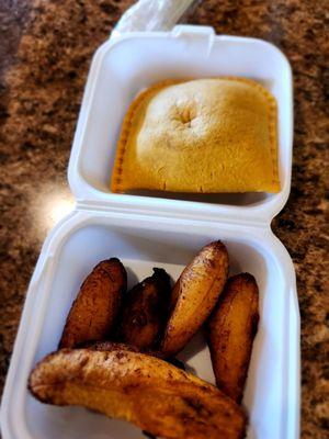 Fried plantains and Jamaican beef patty