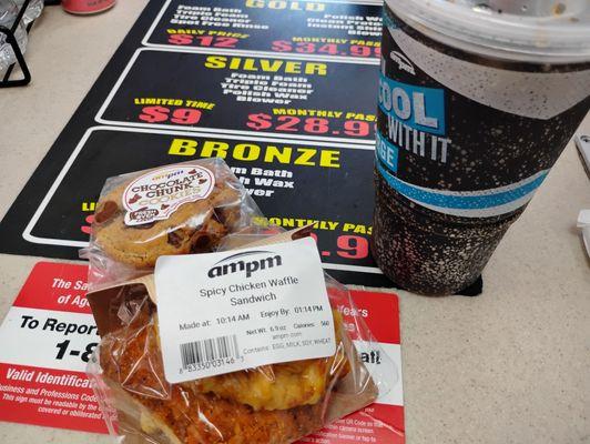 Chicken waffle sandwich, 89 cent soda, cookies