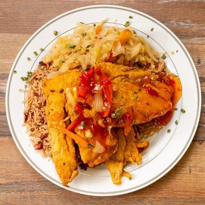 Vegan fried fish - rice and peas w/ cabbage