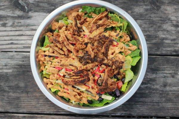 Vegan Macho Taco salad with non-GMO grilled soy curls.