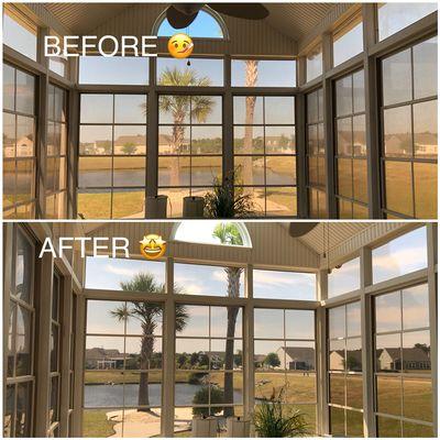 Before and after of a sunroom with vinyl windows