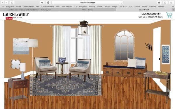 The virtual design for what was a medium sized awkward entryway.  The pieces are just starting to trickle in after ordering and it's amazing