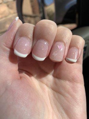 Dip nails, French with some pink glitter and design