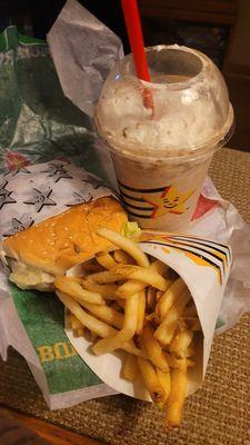 Big Carl with fries and chocolate shake.