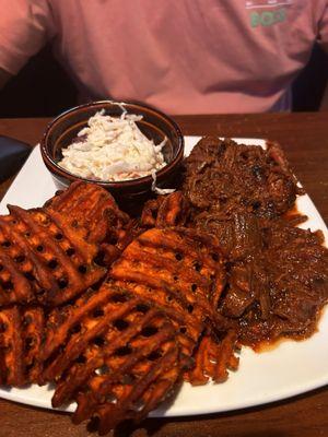 Chopped Brisket with waffle sweet potato fries, really good