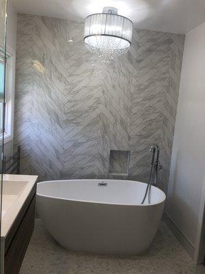 Freestanding tub,chevron tile, bathroom remodel