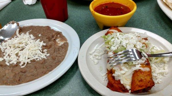 Chicken enchiladas and beans. Tasty!