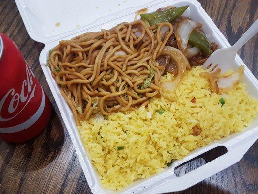 Pepper Steak, lo mein, rice, and a soda all for less than 7 dollars! (Wok #11 combo]