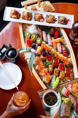 Sushi Boat with variety of Sushi Selections