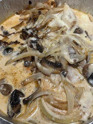 Chicken, sautéed onions and mushrooms with queso