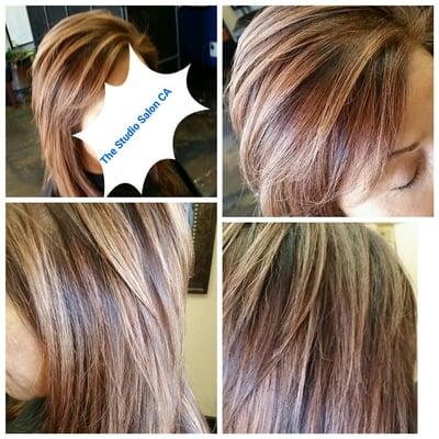 Soft warm brown with golden balayage pieces