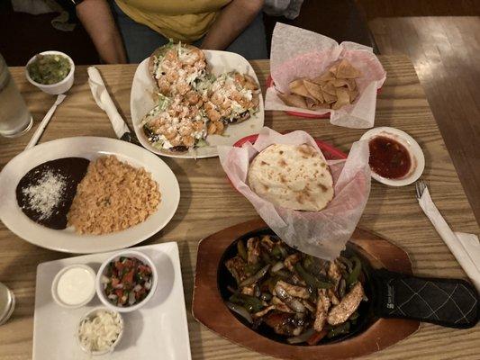 Shrimp tostadas and chicken fajitas